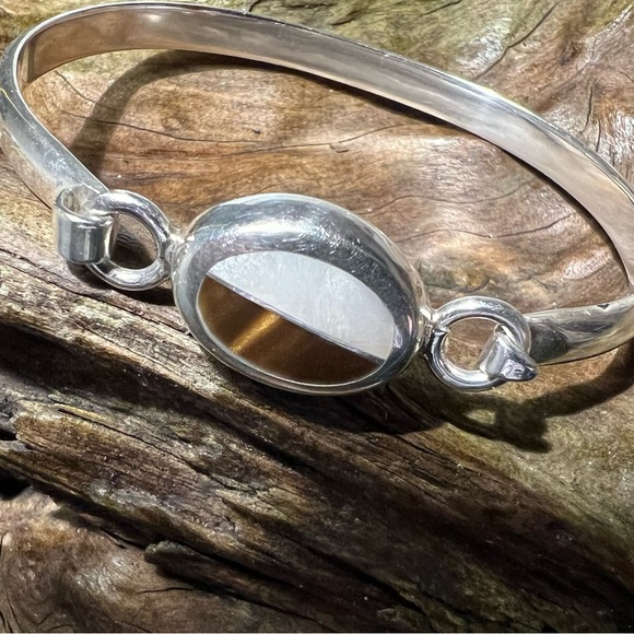 Authentic Mexico 925 signed Bracelet Tiger’s Eye Inlaid & White Stone Quartz - Picture 6 of 7